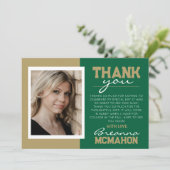 Green & Bronze Abschluss Foto Danke Karte (Stehend Vorderseite)