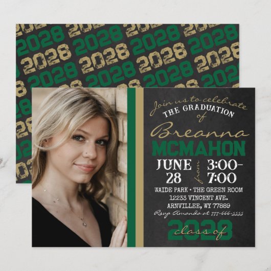 Green & Bronze Gold Chalkboard Abschluss Foto Einladung (Vorne/Hinten)