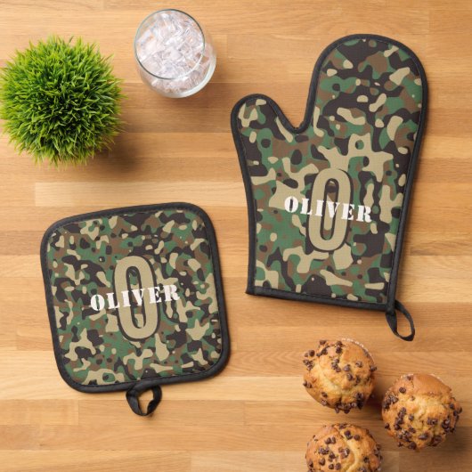 Green Brown Beige Camouflage Camouflage Monogram N Ofenhandschuh & Topflappen-Set (Oben Unten)