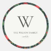 Green Brown Berry Christmas Flora Muster Monogram Runder Aufkleber (Vorderseite)