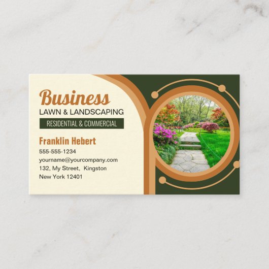 Green Brown Biege Landscaping Mowing Lawn Visitenkarte (Vorderseite)