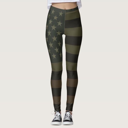 Green, Brown, & Black American Flag Earth Tones  Leggings (Vorderseite)
