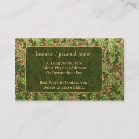 Green Brown Camouflage Glitzer Camouflage Monogram Visitenkarte (Rückseite)