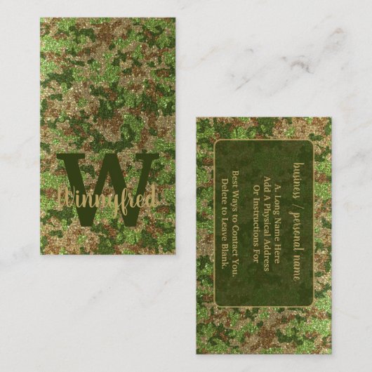 Green Brown Camouflage Glitzer Camouflage Monogram Visitenkarte (Vorne/Hinten)
