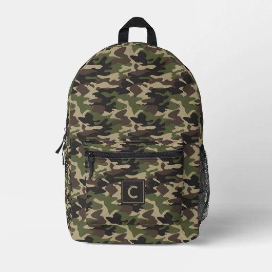 Green Brown Camouflage Pattern Monogramm Bedruckter Rucksack (Vorderseite)