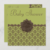 Green & Brown Damask, Blume & Pearls Babydusche Einladung (Vorne/Hinten)