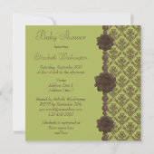Green & Brown Damask, Blume & Pearls Babydusche Einladung (Rückseite)