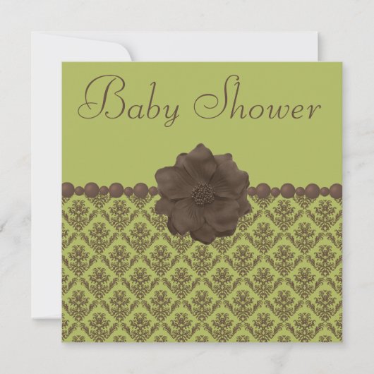 Green & Brown Damask, Blume & Pearls Babydusche Einladung (Vorderseite)