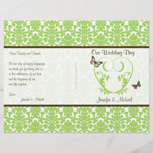 Green Brown Damask Heart Butterfly Wedding Program (Vorderseite)