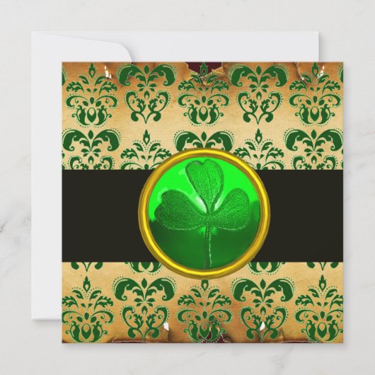 GREEN BROWN DAMASK PARKPLATZ MIT KLEEBLATT, schwar Einladung (Vorderseite)