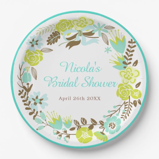 Green & Brown Floral Wreath Bridal Shower Pappteller (Vorderseite)