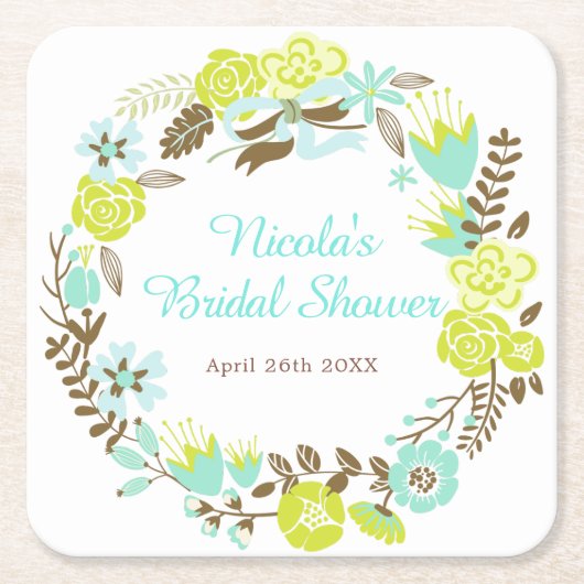 Green & Brown Floral Wreath Bridal Shower Rechteckiger Pappuntersetzer (Vorderseite)