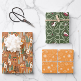 Green Brown Orange Christmas Forest Village Geschenkpapier Set