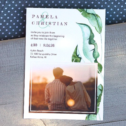 Green Brown Tropical Blätter Foto Hochzeit Einladung