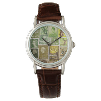 Green Brown Watch, Postage Briefmarke Collage Art Armbanduhr