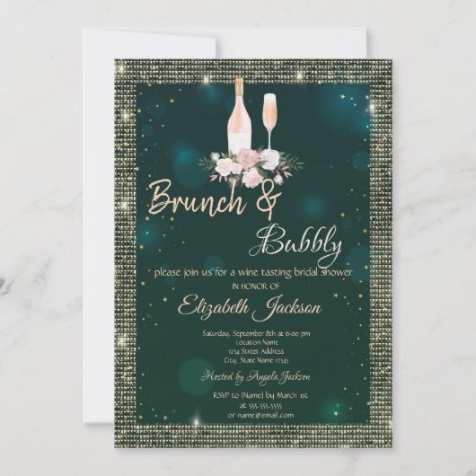 Green Brunch & Bubbly Brautparty in Gold-Sequenzen Einladung (Vorderseite)