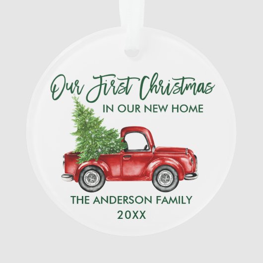 Green Brush Script Erste Weihnachtsfeier New Zuhau Ornament (Rückseite)