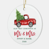 Green Brush Script Erste Weihnachtszeit Red Truck Keramik Ornament (Links)