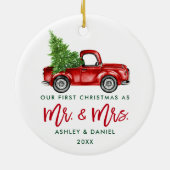 Green Brush Script Erste Weihnachtszeit Red Truck Keramik Ornament (Hinten)