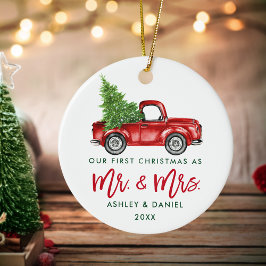 Green Brush Script Erste Weihnachtszeit Red Truck Keramik Ornament