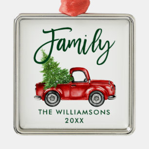 Green Brush Script Family Vintag Red Truck Ornament Aus Metall