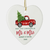 Green Brush Script Red Truck Erste Weihnachtsfeier Keramik Ornament (Rechts)