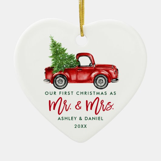 Green Brush Script Red Truck Erste Weihnachtsfeier Keramik Ornament (Vorne)