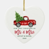 Green Brush Script Red Truck Erste Weihnachtsfeier Keramik Ornament (Hinten)
