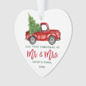 Green Brush Script Red Truck Erste Weihnachtsfeier Ornament (Vorderseite)