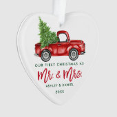 Green Brush Script Red Truck Erste Weihnachtsfeier Ornament (Vorderseite)