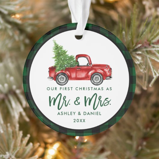 Green Brush Script Truck Erste Weihnachtsfeier Kar Ornament (Baum)