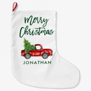 Green Brush Script Vintag Red Truck Tree Großer Weihnachtsstrumpf