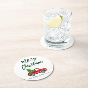 Green Brush Script Vintag Red Truck Weihnachten Runder Pappuntersetzer