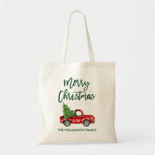Green Brush Script Vintag Red Truck Weihnachten Tragetasche