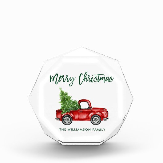 Green Brush Script Vintag Truck Weihnachten Fotoblock (Vorderseite)