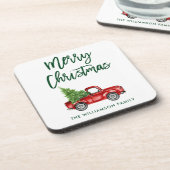 Green Brush Script Vintag Truck Weihnachtsbaum Getränkeuntersetzer (Linke Seite)