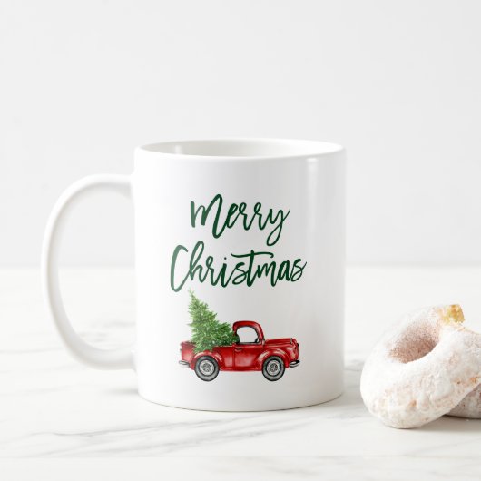 Green Brush Script Vintag Truck Weihnachtsbaum Kaffeetasse (Mit Donut)