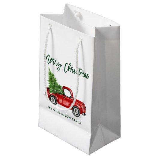 Green Brush Script Vintag Truck Weihnachtsbaum Kleine Geschenktüte (Vorderseite Schrägansicht)