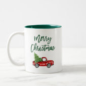 Green Brush Script Vintag Truck Weihnachtsbaum Zweifarbige Tasse (Links)