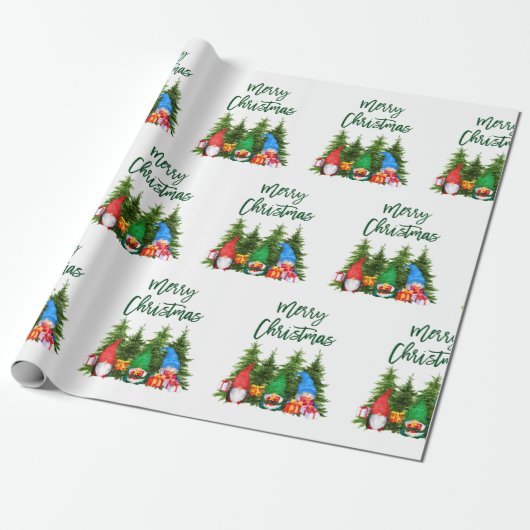Green Brush Script Wasserfarben Gnomes Trees Geschenkpapier (Ungerollt)