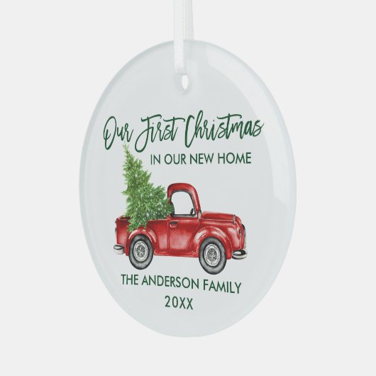 Green Brush Script Weihnachten Neue Zuhause Truck Ornament Aus Glas (Vorderseite links)