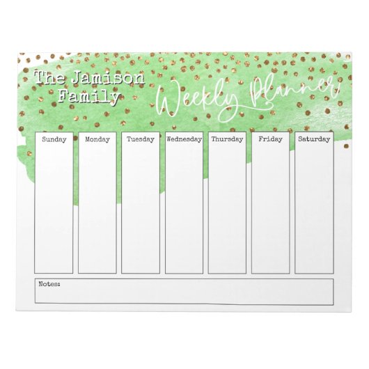 Green Brushstroke Gold Confetti Weekly Planner Notizblock (Vorderseite)