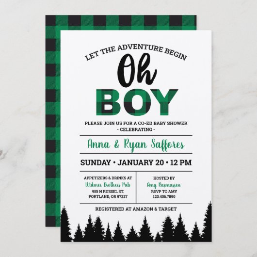 Green Buffalo Kariert Baby Dusche Einladung Oh Jun (Vorne/Hinten)