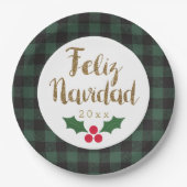 Green Buffalo Kariert Gold Feliz Navidad Pappteller (Vorderseite)