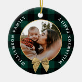 Green Buffalo Kariert Pattern Gold Bow Family Foto Keramik Ornament (Vorne)