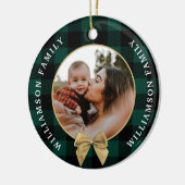 Green Buffalo Kariert Pattern Gold Bow Family Foto Keramik Ornament (Links)