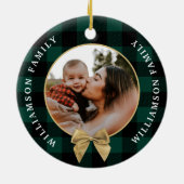 Green Buffalo Kariert Pattern Gold Bow Family Foto Keramik Ornament (Hinten)