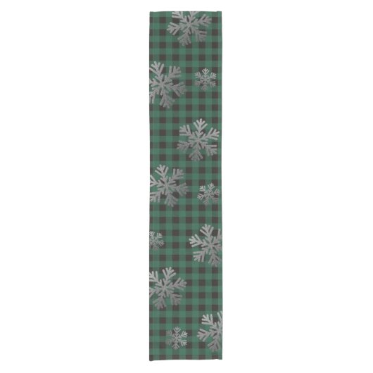 Green Buffalo Kariert Silver Glitzer Schneeflocken Kurzer Tischläufer (Vorderseite)