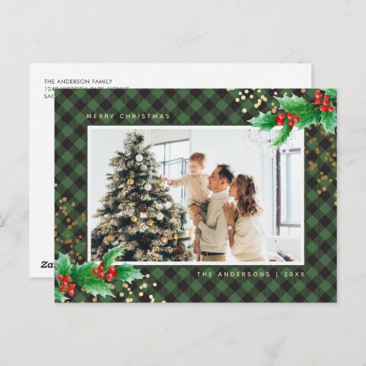 Green Buffalo Kariert Watercolor Foto Weihnachten (Vorne/Hinten)