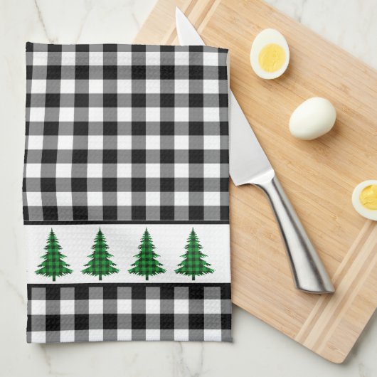 Green Buffalo Karierter Baum auf Schwarz-Weiß-Karo Geschirrtuch (Viertel Falte)